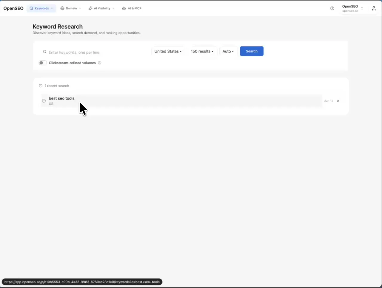 OpenSEO keyword research dashboard